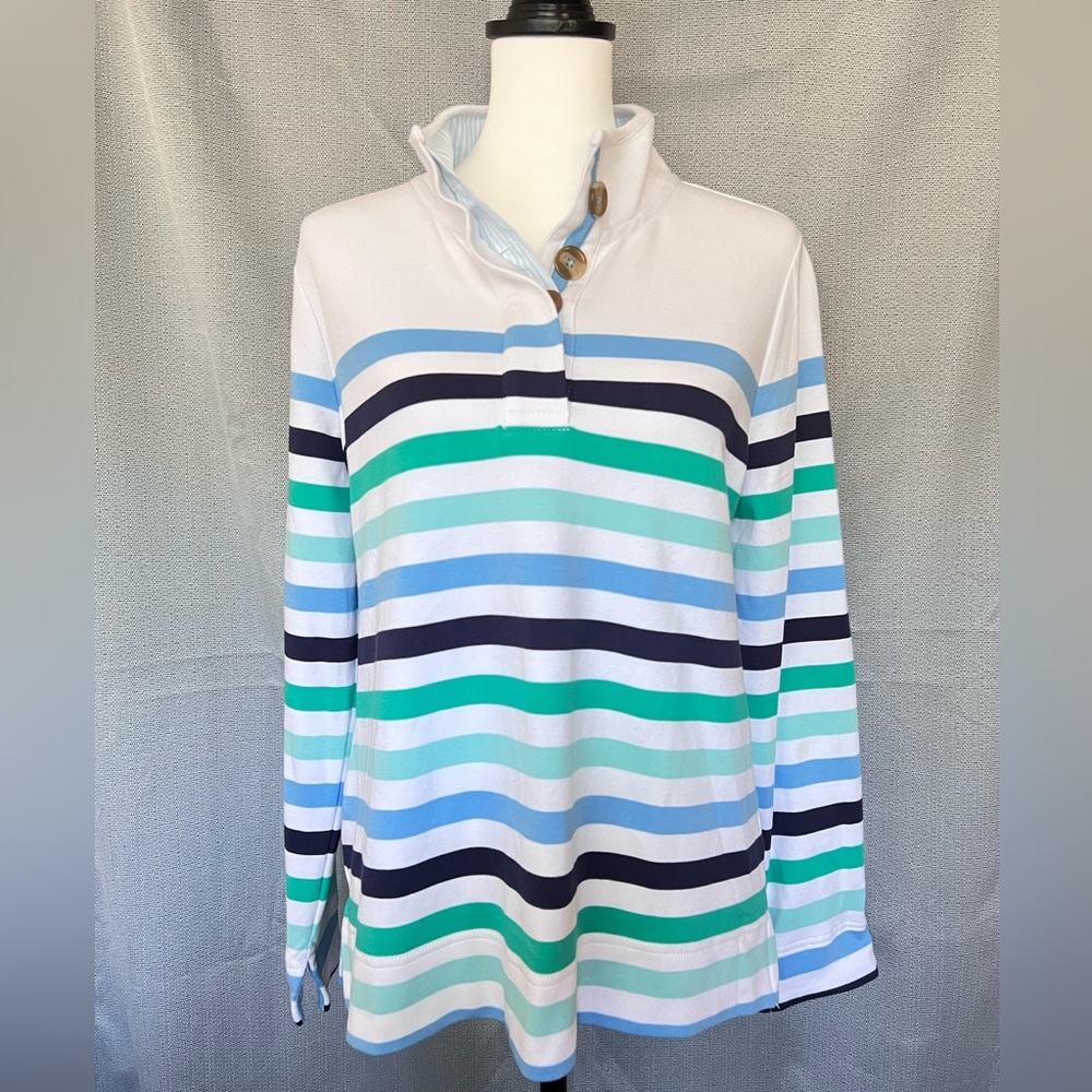 Appleseeds Petite Women’s Striped Long Sleeve Shirt with 1/4 Button Up Size PM